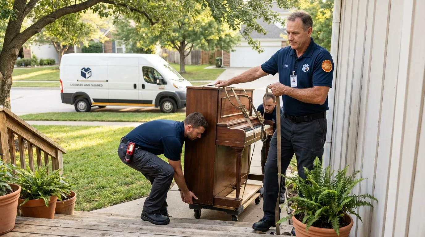 Licensed piano movers securing grand piano in Canton, TX
