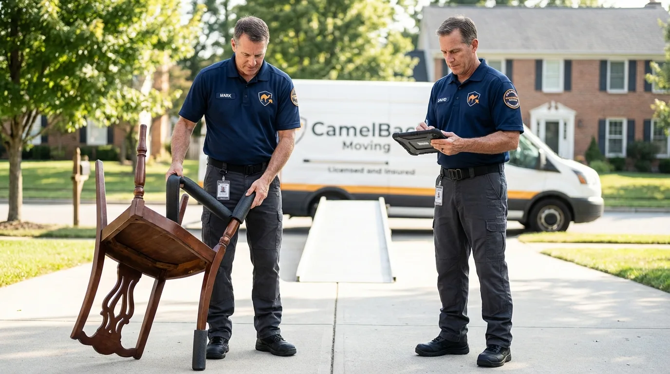 Movers inspecting furniture for damage prevention before loading in Canton, TX