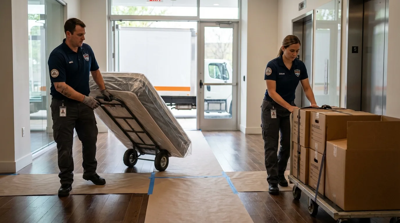 Professional apartment movers loading elevator in Canton, TX